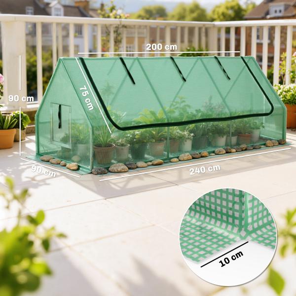 Estufa de Jardim Mini Estufa 240x90x90 cm com Janelas de Malha e Estrutura de Aço para Cultivar Verduras e Flores Verde