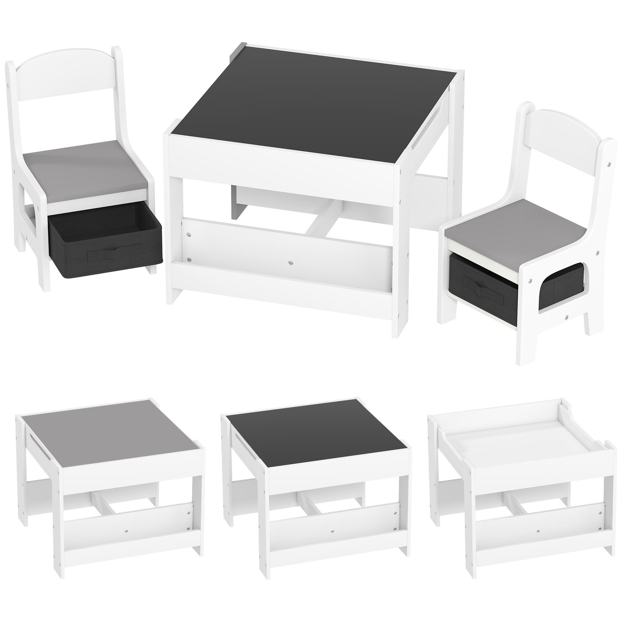 Conjunto de Mesa e 2 Cadeiras Infantis 2 em 1 com Ardósia Gavetas de Tecido e Espaço de Armazenamento para Quarto Cinza