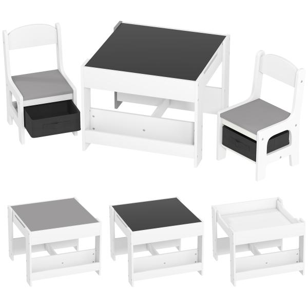 Conjunto de Mesa e 2 Cadeiras Infantis 2 em 1 com Ardósia Gavetas de Tecido e Espaço de Armazenamento para Quarto Cinza