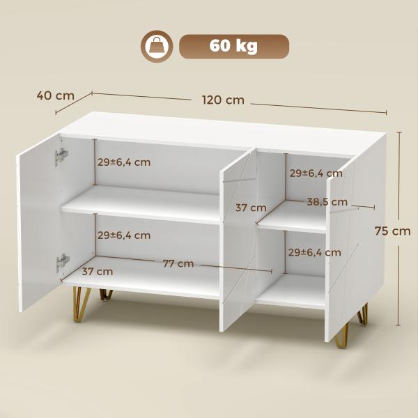 Aparador para Sala Aparador de Entrada com 3 Portas e Prateleiras Ajustáveis para Cozinha Sala 120x40x75 cm Branco Brilhante