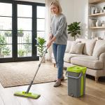 Conjunto de Mopa Plana e Balde com Espremedor 2 Compartimentos Cabeça 360° 5 Mopas de Microfibra Uso a Seco e Húmido Cinza Escuro