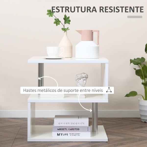 Mesa de Apoio com Forma de S Compartimentos Abertos 2 Níveis Desenho Elegante 50x50x50cm Branco