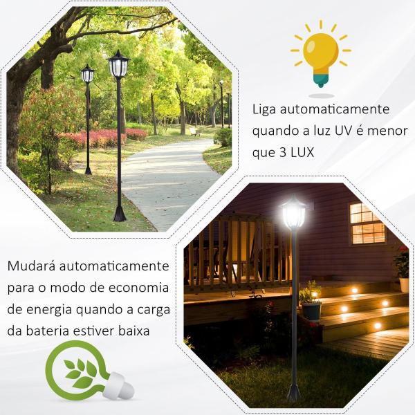 Candeeiro Solar com Painel Solar Candeeiro de Jardim com 6 LEDS Autonomia 6 - 8 horas Ø26x177 cm Preto