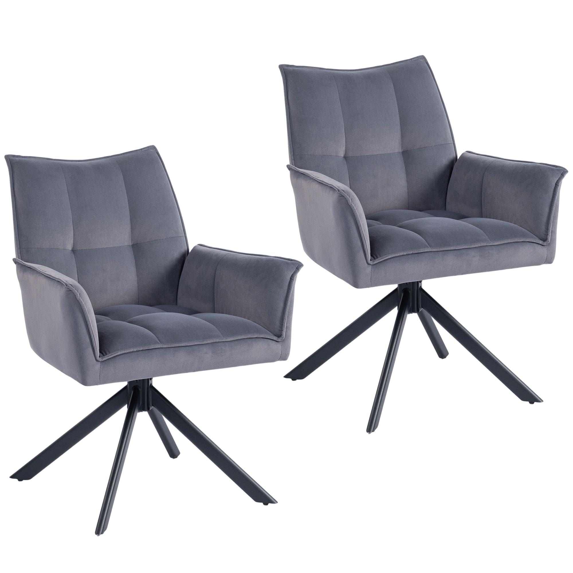 Conjunto de 2 Cadeiras de Refeição Giratórias 360° Estofado Estofamento em Veludo Pés em Aço 63x64x85 cm Cinza