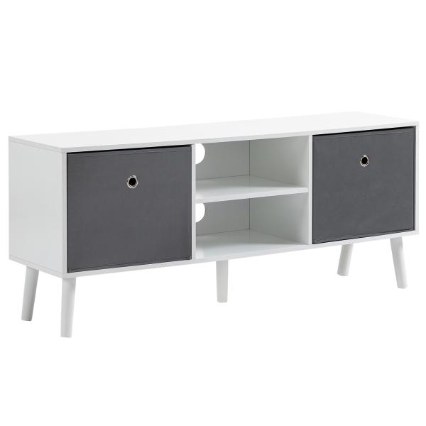 Móvel de TV para Televisores de até 50 Polegadas Móvel de Sala de Estar Moderno com 2 Gavetas de Tecido 2 Prateleiras Abertas e Orifício Passa Cabos 110x29x46,5cm Branco e Cinza