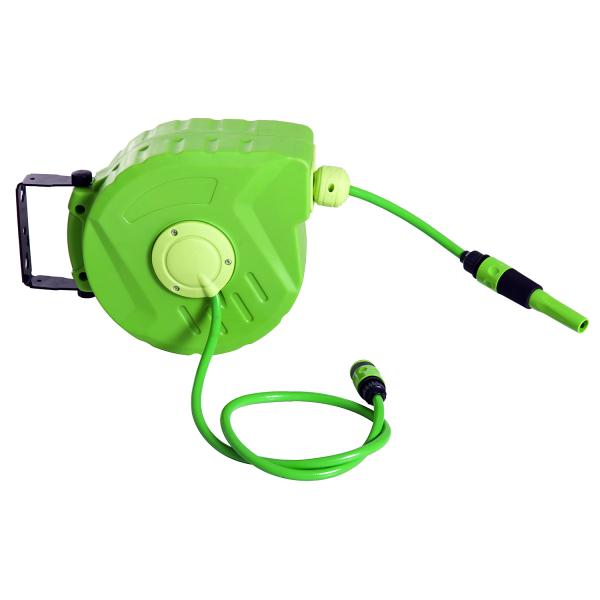 Carrete para Mangueira 10m+1m Enrolador de Mangueira Montado na Parede Enrolador Automático 180º Giratório 35,5x11,x5x27,5cm Verde
