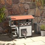 Casa para Gatos de Madeira 77x50x73cm Casa para Gatos com 2 Níveis com Teto Asfáltico Terraço Cercado Caverna e Escada Branco