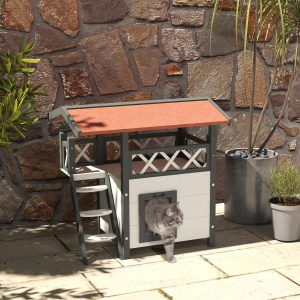 Casa para Gatos de Madeira 77x50x73cm Casa para Gatos com 2 Níveis com Teto Asfáltico Terraço Cercado Caverna e Escada Branco