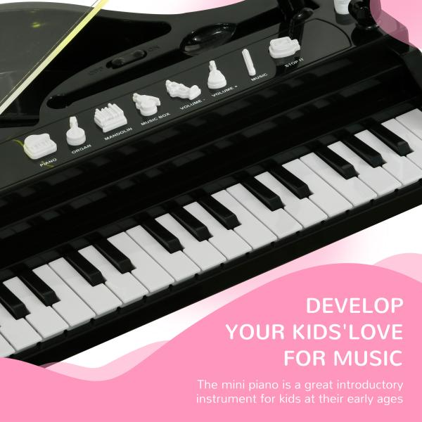 Piano Eletrónico para Crianças com 32 Teclas Microfone banco Luzes 22 Músicas 4 Tons e Volume Ajustável 37x30,5x60,4 cm Preto