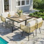 Conjunto de Refeição Jardim de 5 Peças Mesa de Refeição com Imitação de Madeira e 4 Cadeiras com Almofadas Bege e Madeira