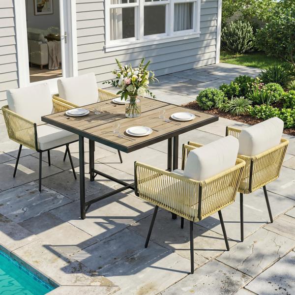 Conjunto de Refeição Jardim de 5 Peças Mesa de Refeição com Imitação de Madeira e 4 Cadeiras com Almofadas Bege e Madeira