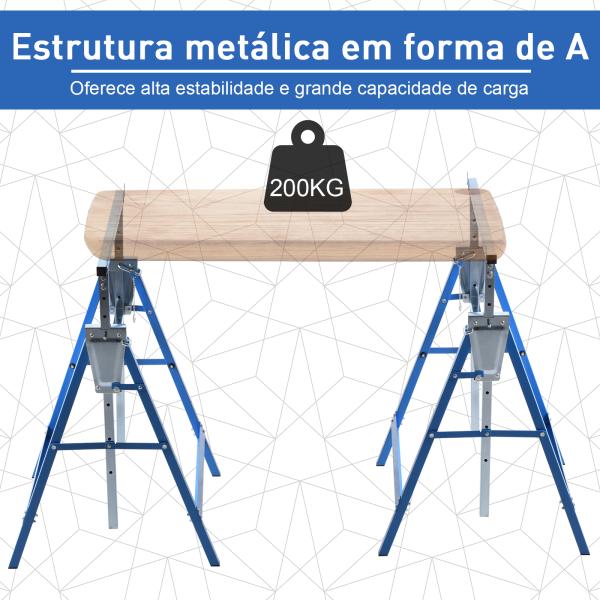 Conjunto de 2 Cavaletes Telescópicos Dobráveis com Altura Ajustável Cavaletes de Serra de Aço para Mesa de Trabalho Carga 200kg 68x58x80 - 130cm Azul e Prata