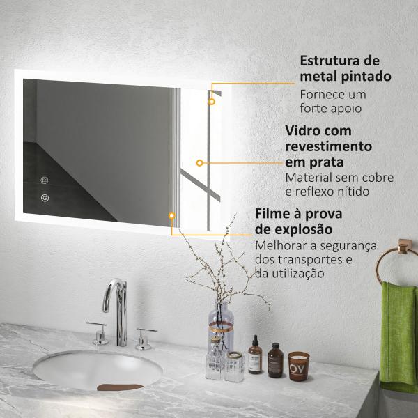 Espelho Casa de Banho com Luzes LED 70x50 cm Função Antiembaciamento 3 Cores Função de Memória e Interruptor Tátil Prata