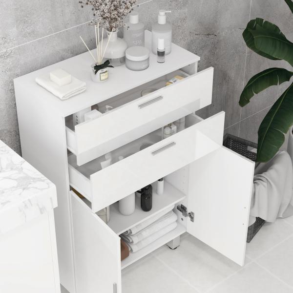 Móvel Auxiliar Casa de Banho 2 Gavetas e Armário Prateleiras Ajustáveis 60x30x93 cm Branco