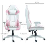 Cadeira Gaming Reclinável com Almofada Lombar Apoio de Cabeça Basculante e Altura Ajustável 67x60x120 - 128 cm Branco e Rosa