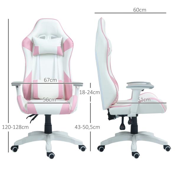 Cadeira Gaming Reclinável com Almofada Lombar Apoio de Cabeça Basculante e Altura Ajustável 67x60x120 - 128 cm Branco e Rosa