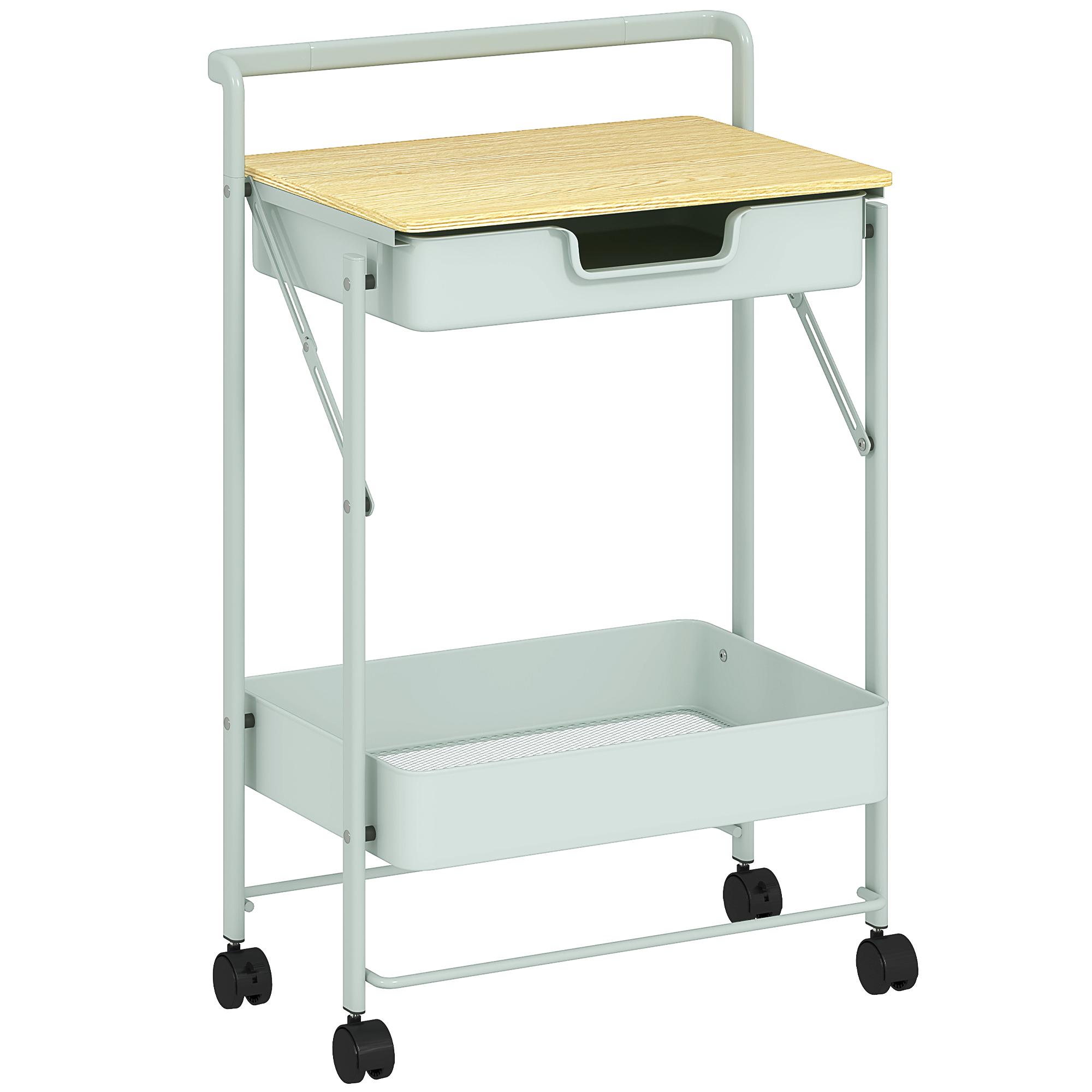 Carrinho Auxiliar com Rodas de 2 Níveis Carrinho de Cozinha com 1 Gaveta e 1 Cesto Carrinho Organizador 45x29,5x68 cm Verde Claro