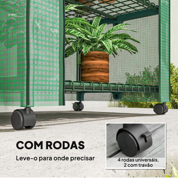 Estufa de Exterior com 4 Prateleiras e Rodas Porta Enrolável Estrutura em Aço e Cobertura de PE 140g/㎡ Anti - UV 69x50x165 cm Verde