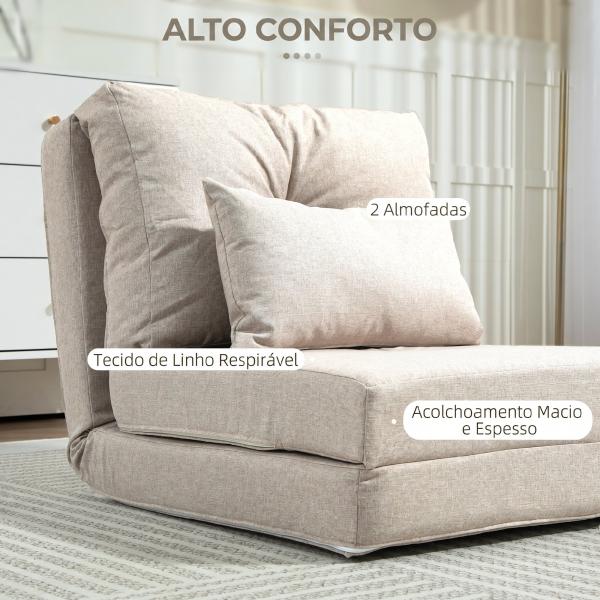 Sofá - Cama Individual Dobrável Estofado em Linho com Encosto Ajustável 5 Posições e 1 Almofada Bege