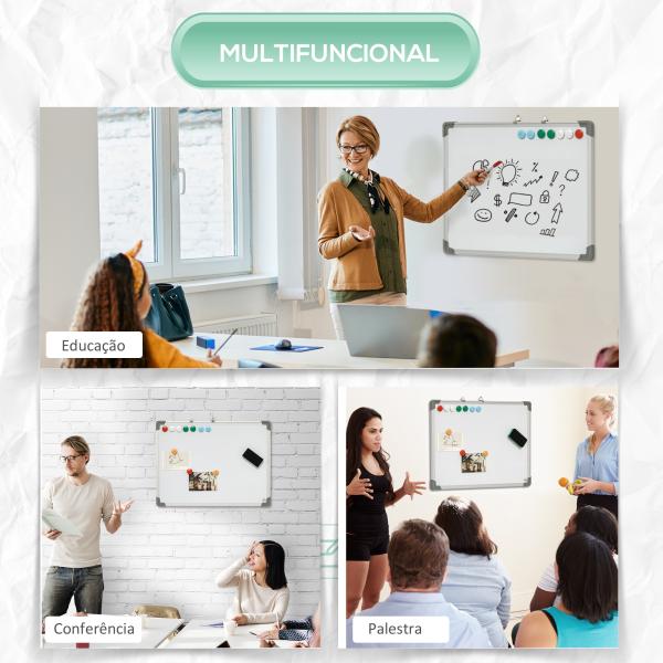 Quadro Magnético com Estrutura de Liga de Alumínio 60x45cm Quadro Magnético com Apagador 4 Marcadores e 10 Ímás Branco
