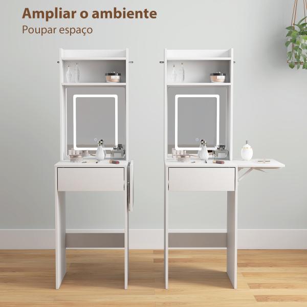 Tocador de Maquilhagem com Luzes LED de Cor Ajustável e Espelho Tocador com Lateral Rebatível Gaveta 45x45x152 cm Branco