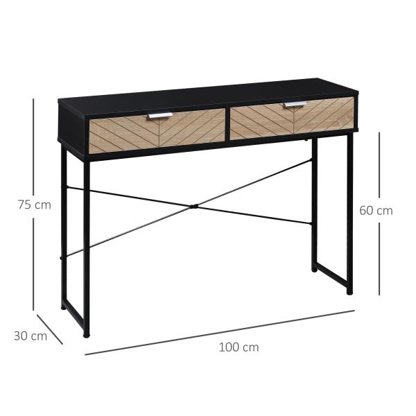 Mesa Consola 100x30x75 cm Mesa de Entrada Moderna com 2 Gavetas de Armazenamento Preto e Madeira