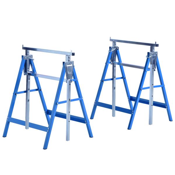 Conjunto de 2 Cavaletes Telescópicos Dobráveis com Altura Ajustável Cavaletes de Serra de Aço para Mesa de Trabalho Carga 200kg 68x58x80 - 130cm Azul e Prata
