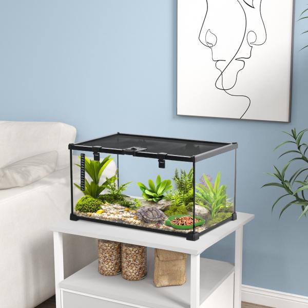 Terrário para Répteis em Vidro com Termómetro e Taça de Água para Lagartos, Cobras e Aranhas 50x30x25 cm Preto