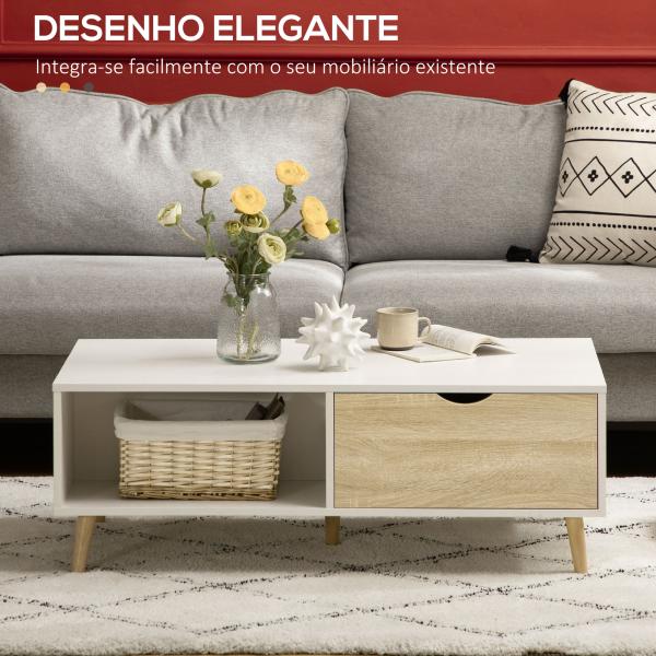 Mesa de Centro Retangular com 2 Gavetas e Compartimentos Abertos Estilo Nórdico 106x58x39,5cm Branco e Madeira