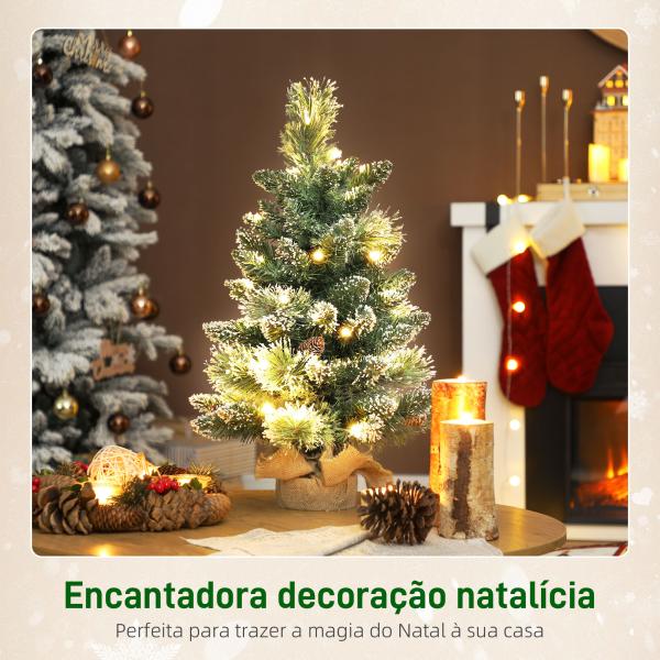 Mini Árvore de Natal Artificial com 35 Luzes LED 60 cm 64 Ramos com Neve Pinha Bagas e Base de Saco de Juta Ø41x60 cm Verde