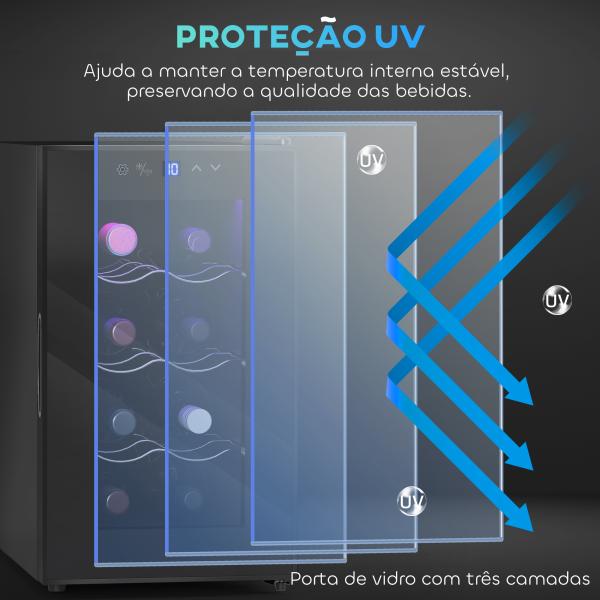 Cave para Vinhos com Refrigeração Termoelétrica Dupla Temperatura Ajustável 8 - 18℃ Porta de Vidro Anti - UV Ecrã LED Tátil Luz Interior 26,5x51,5x47,5 cm Preto