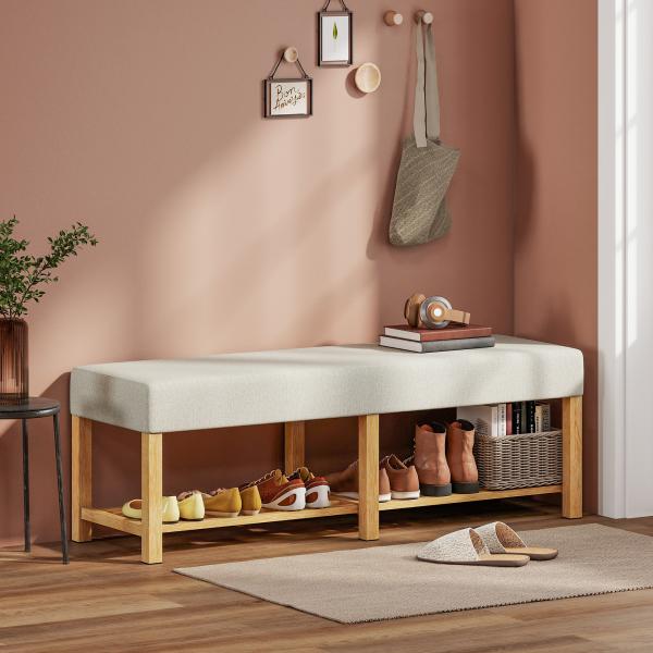 Banco Sapateira com Assento Acolchoado para 2 Pessoas Prateleira Aberta Estrutura de Madeira 140x44x48 cm, Creme e Madeira