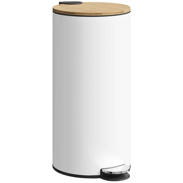 Balde do Lixo para Cozinha com Pedal 30L Cubo de Lixo Metálico com Tampa de Fecho Suave e Balde Removível 36x30x60,5 cm Branco e Madeira