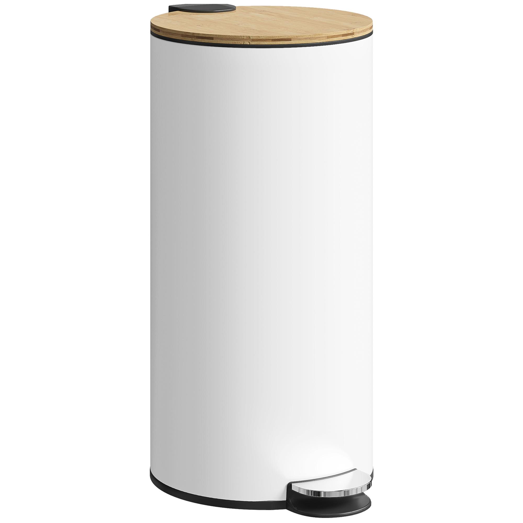 Balde do Lixo para Cozinha com Pedal 30L Cubo de Lixo Metálico com Tampa de Fecho Suave e Balde Removível 36x30x60,5 cm Branco e Madeira