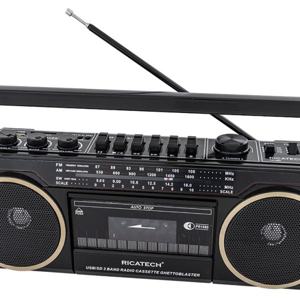 Rádio Portátil RETRO 80s AM/FM 2x 8W c/ Leitor Cassetes USB/SD - RICATECH