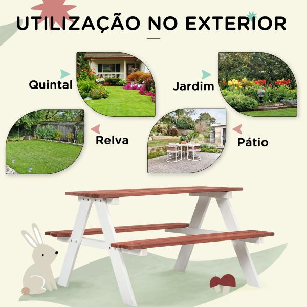 Conjunto de Mesa e 2 Bancos Infantil de Madeira Mesa de Piquenique para Crianças de 3 - 8 Anos 89x79x50 cm Marrom e Branco