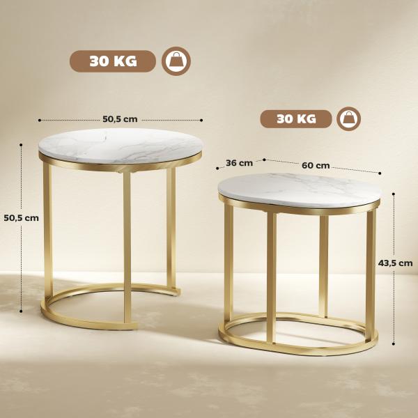 Conjunto de 2 Mesas de Centro Mesas Auxiliares Modernas com Bancada de Efeito Mármore e Estrutura de Aço para Sala Quarto Dourado