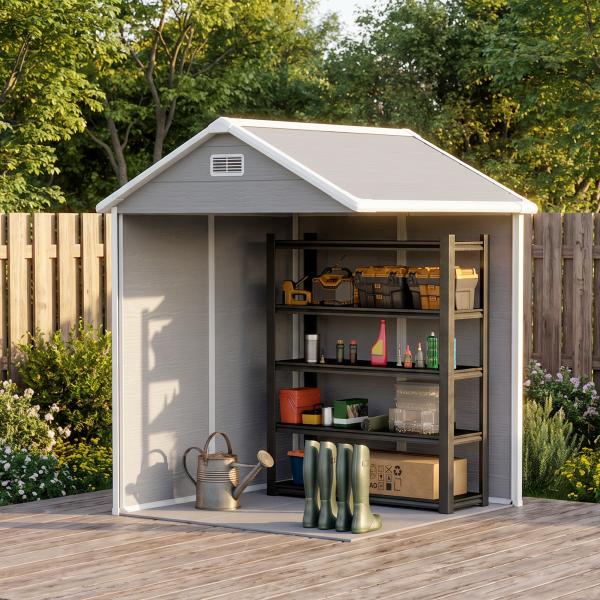 Abrigo de Jardim em Resina 182x151x219 cm com Piso Janela Ventilação Portas Duplas Cinzento