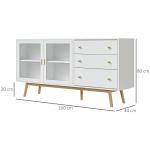 Aparador de Sala de Estar com 2 Portas de Vidro 3 Gavetas e Pés de Madeira de Borracha 160x40x80 cm Branco e Madeira