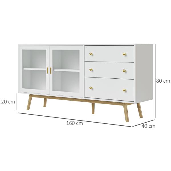 Aparador de Sala de Estar com 2 Portas de Vidro 3 Gavetas e Pés de Madeira de Borracha 160x40x80 cm Branco e Madeira