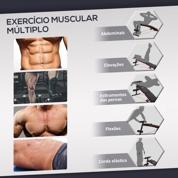 Banco de Abdominais Dobrável Ajustável em Altura com Cordas Elásticas 137x51x50 - 66 cm Preto e Vermelho