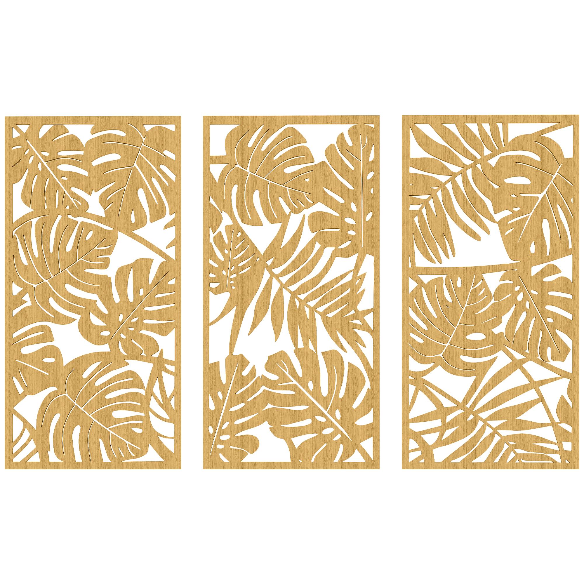 Decoração de Parede de Madeira 3D 3 Peças 40x80 cm Adornos com Padrão de Folhas Tropicais Madeira