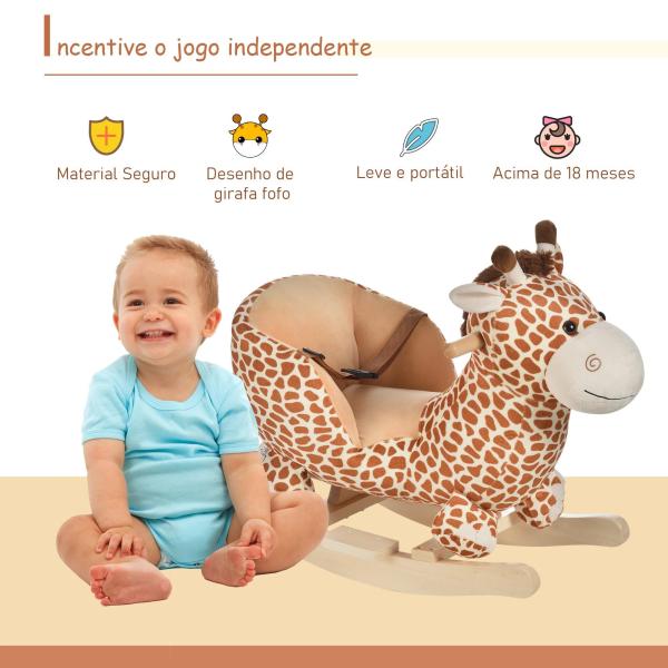 Baloiço para Crianças em Madeira com 32 Canções Cinturão de Segurança Girafa de Pelúcia 60x33x45 cm Marrom Claro
