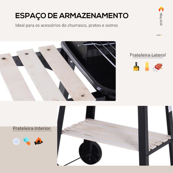 Barbecue a Carvão com Grelha Ajustável em Altura Prateleiras e Rodas para Jardim Exterior Campismo 83x45x87 cm Preto