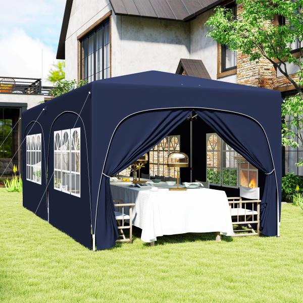 Tenda Dobrável 3x6 m com Painéis Laterais UPF50+ Tenda de Jardim com Altura Ajustável e Bolsa de Transporte Azul Escuro