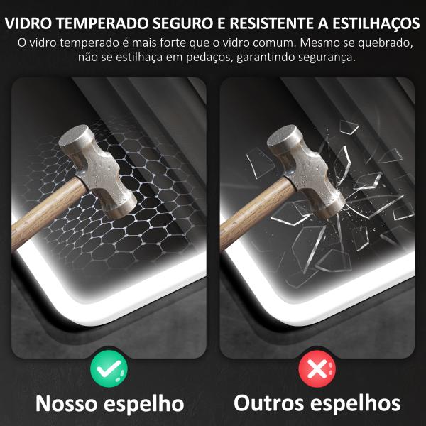 Espelho de Casa de Banho com Luz LED 70x50 cm Bluetooth 3 Cores de Luz Relógio Digital Função Antiembaciamento Função de Memória Prata