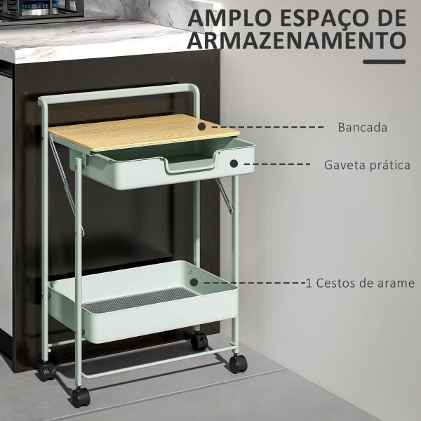 Carrinho Auxiliar com Rodas de 2 Níveis Carrinho de Cozinha com 1 Gaveta e 1 Cesto Carrinho Organizador 45x29,5x68 cm Verde Claro