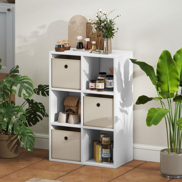 Estante Cubo Estante de Armazenamento Horizontal ou Vertical com 6 Compartimentos e 3 Gavetas de Tecido 53,7x30x79,8 cm Branco e Bege