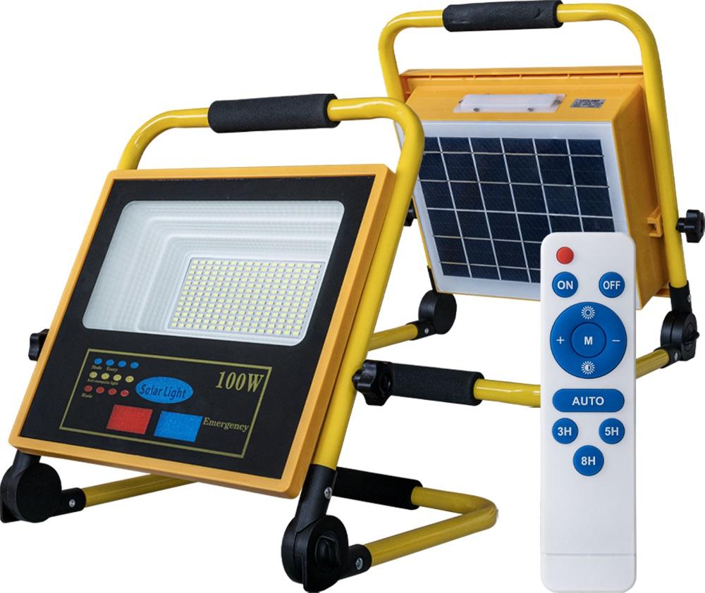 Projector LED t/ Obras IP65 Branco F. 6000K 100W c/ Painel Solar ou Bateria + Comando