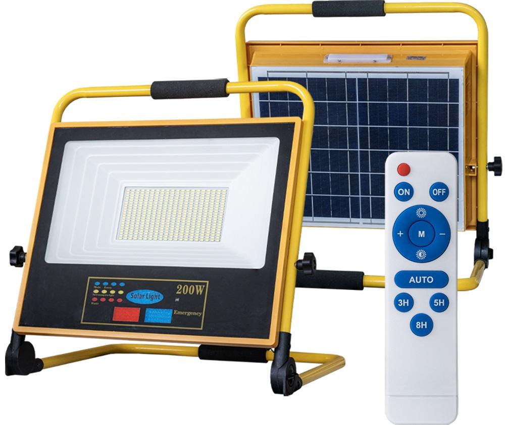 Projector LED t/ Obras IP65 Branco F. 6000K 200W c/ Painel Solar ou Bateria + Comando